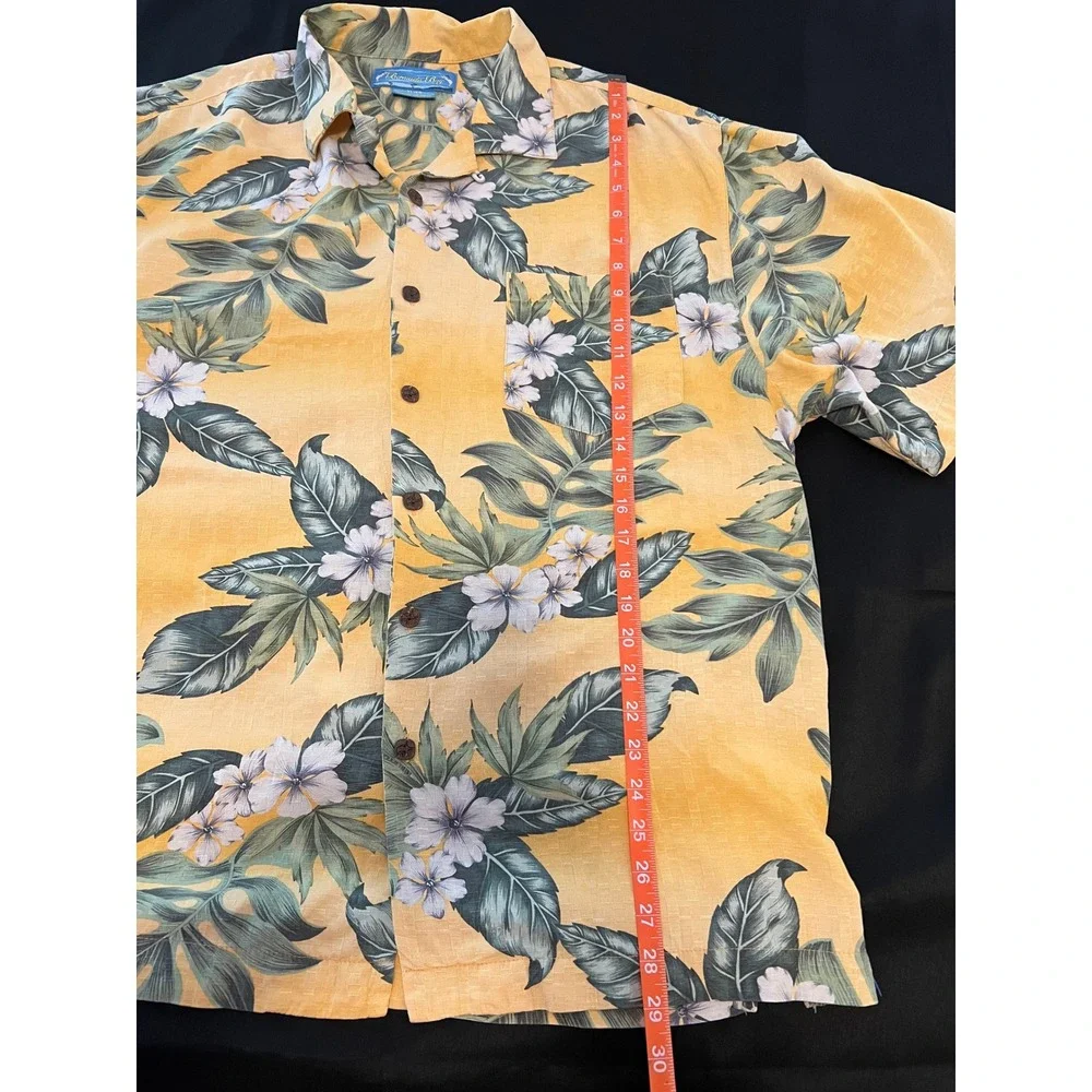 Bermuda Bay Mens XL Silk Hawaiian Shirt Yellow Floral Tropical Camp Button Up